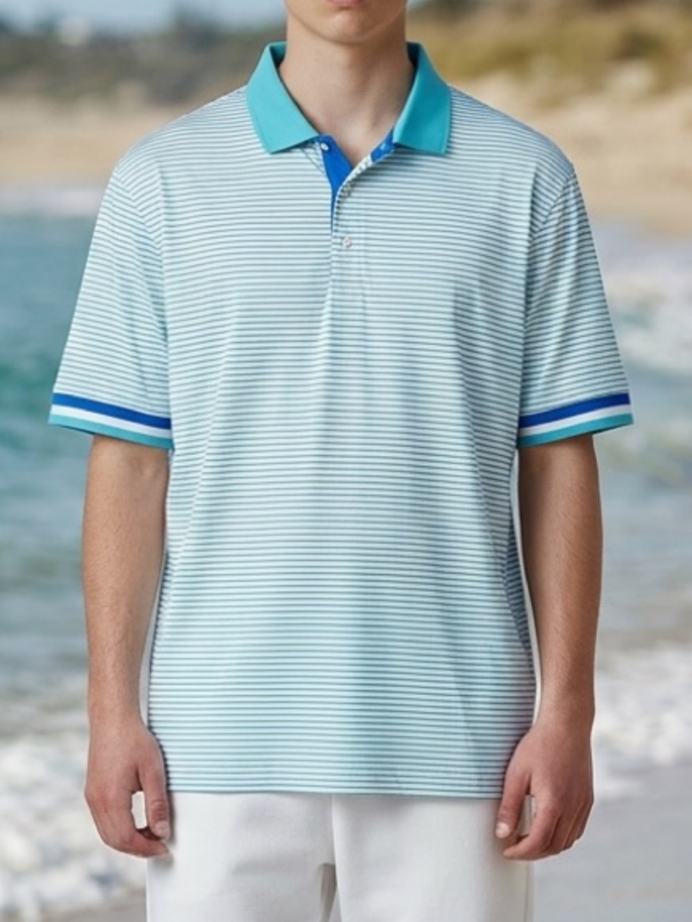 NWT Redvanly Poirier Curaçao Blue Stripe Polo Golf Shirt Short Sleeve